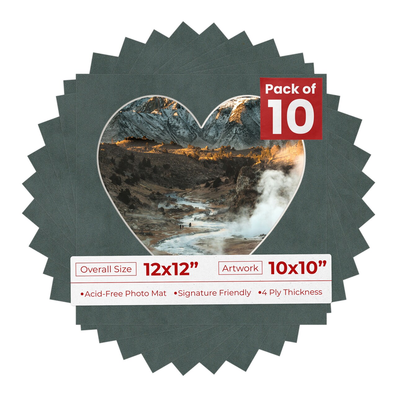 Dark Grey Suede Mat Board for 12x12 Frames - Heart Opening for 10x10 Photos